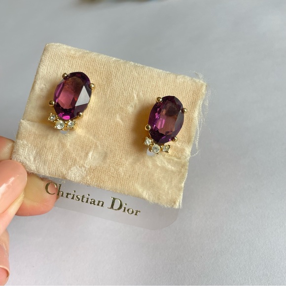 Christian Dior vintage purple amethyst clip on earrings rhinestone luxury - Picture 9 of 10